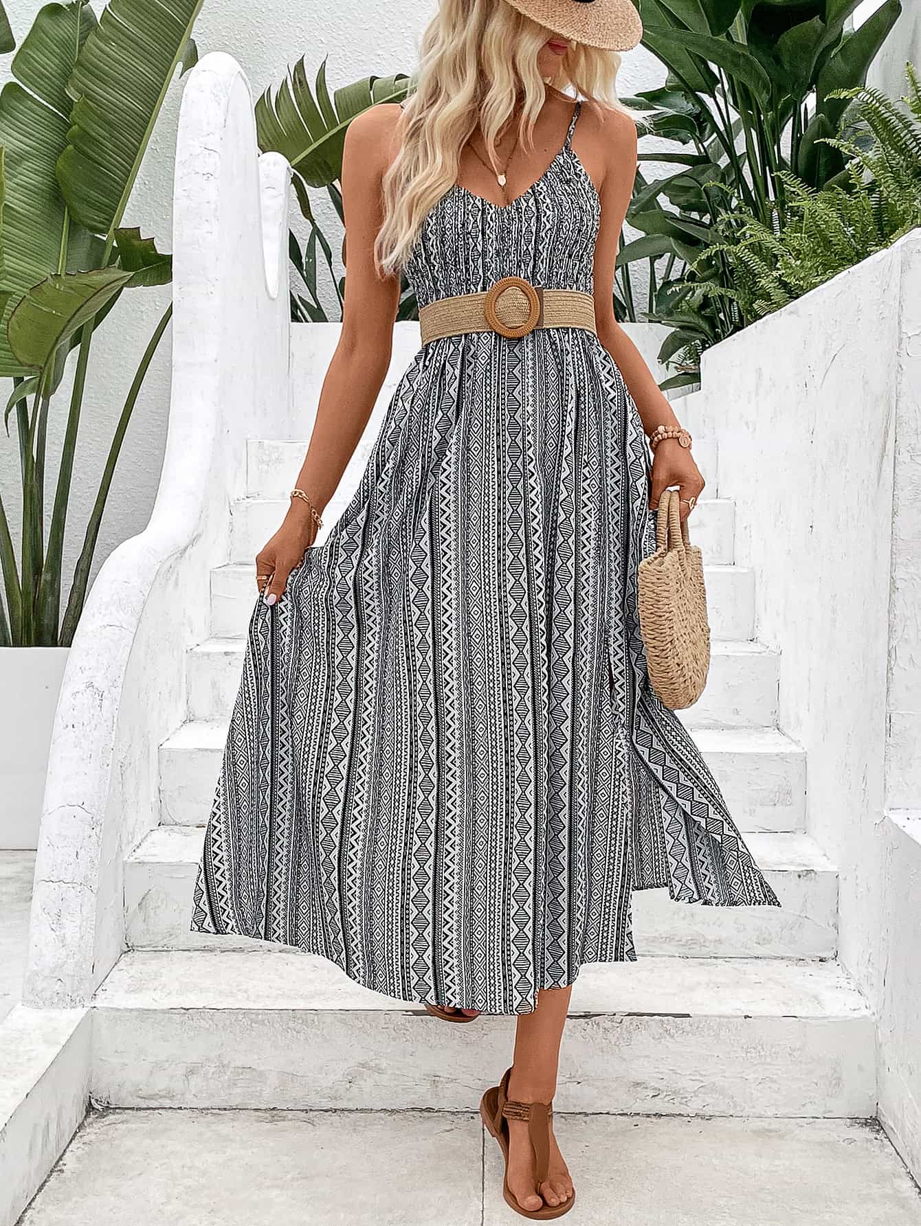 Printed Spaghetti Strap Slit Dress