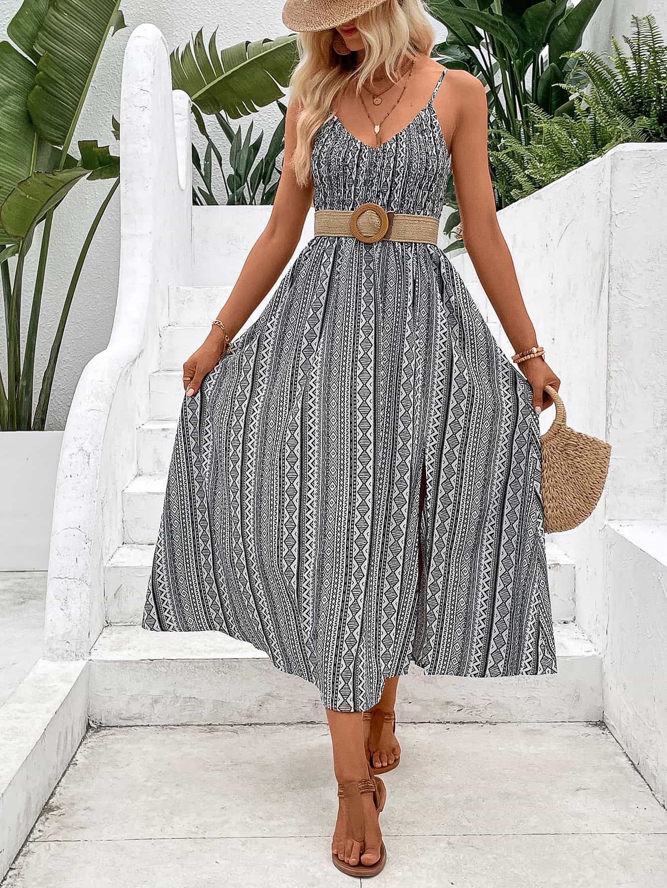Printed Spaghetti Strap Slit Dress
