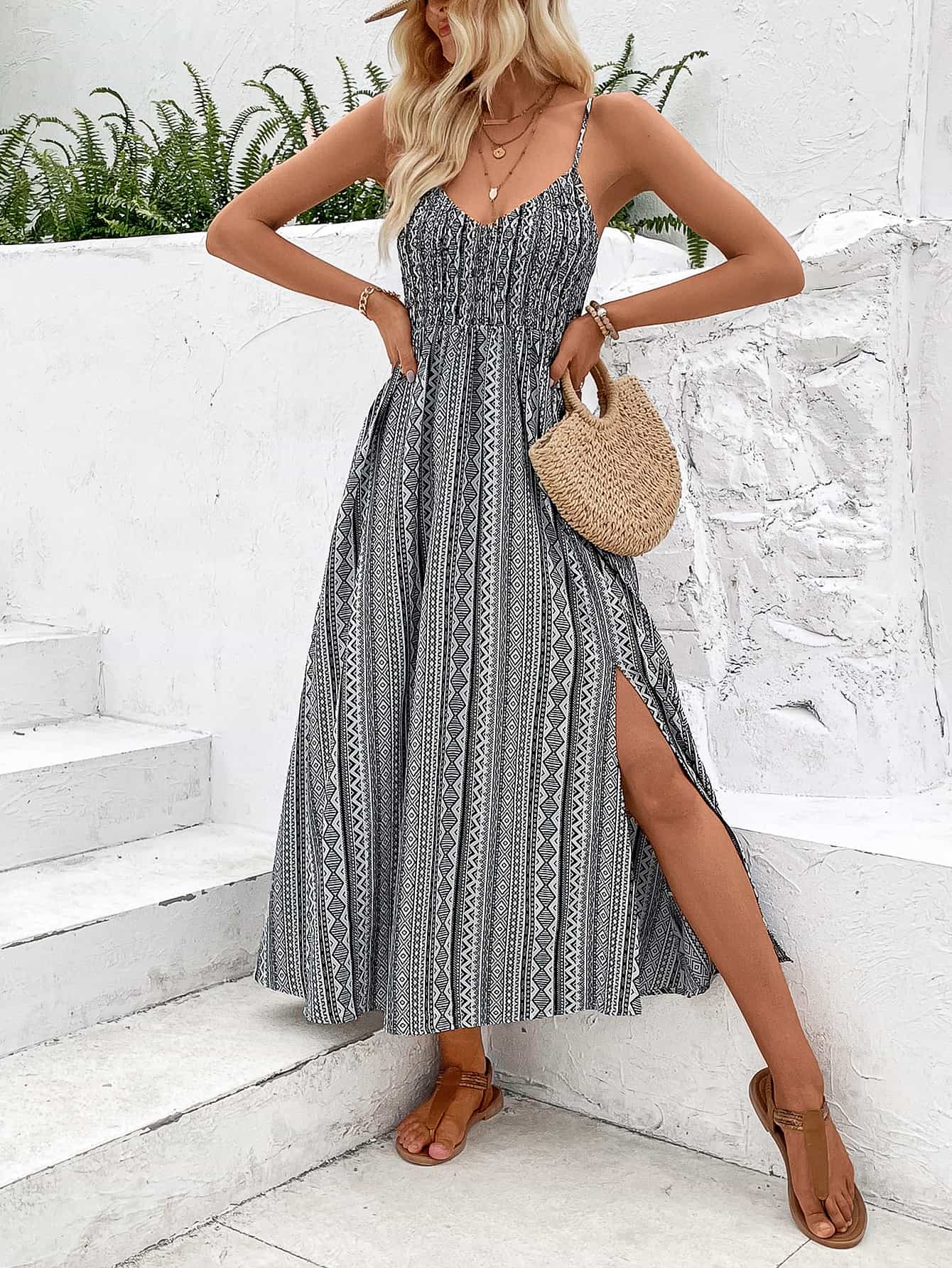 Printed Spaghetti Strap Slit Dress