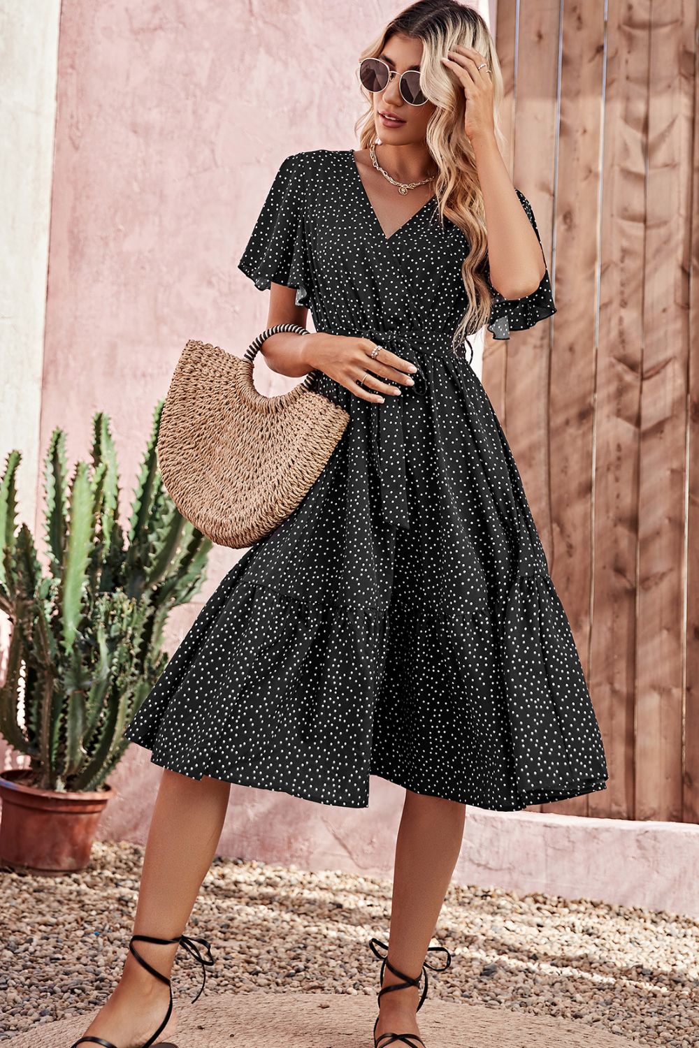 Polka Dot Flutter Sleeve Surplice Neck Dress