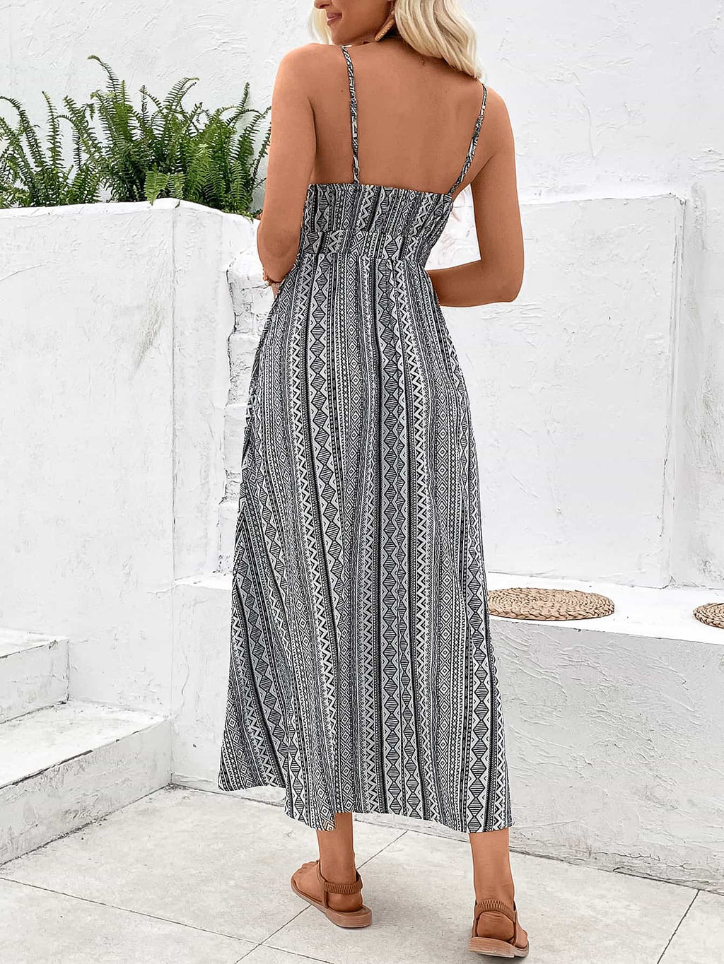 Printed Spaghetti Strap Slit Dress