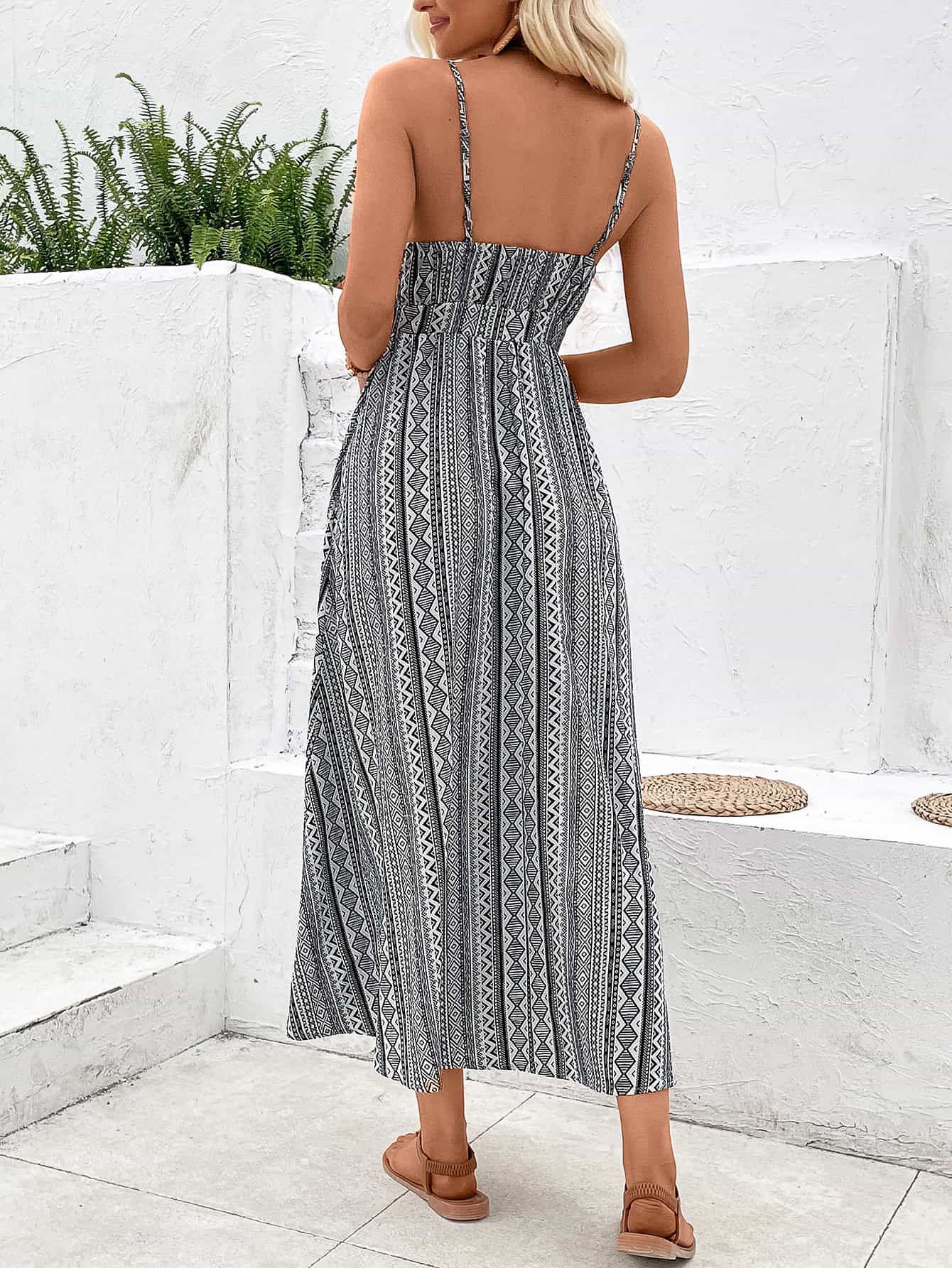 Printed Spaghetti Strap Slit Dress