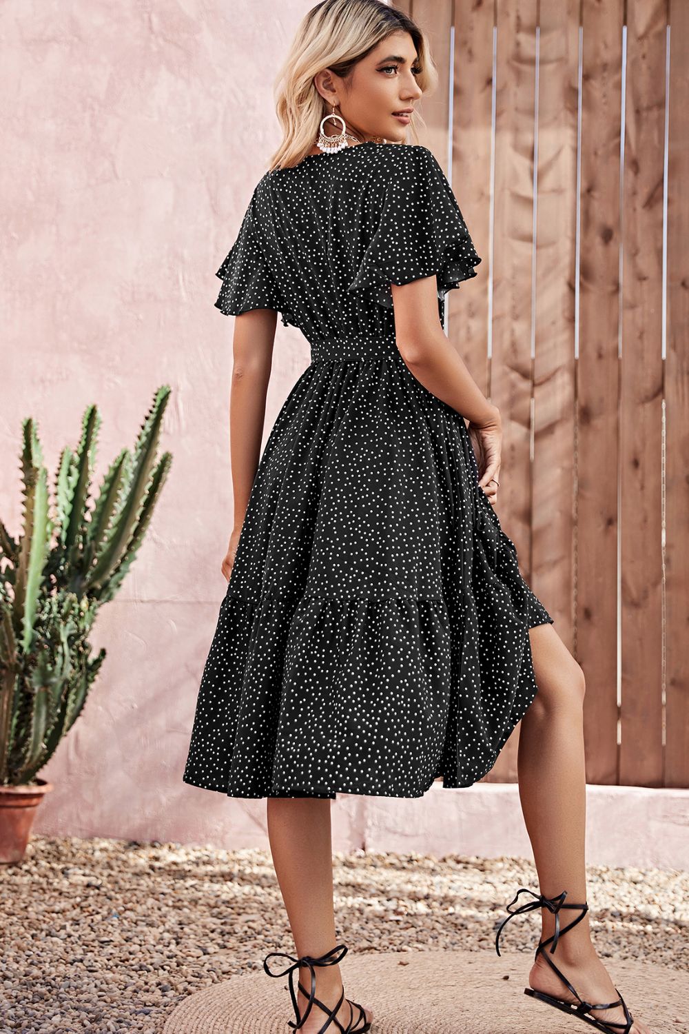 Polka Dot Flutter Sleeve Surplice Neck Dress
