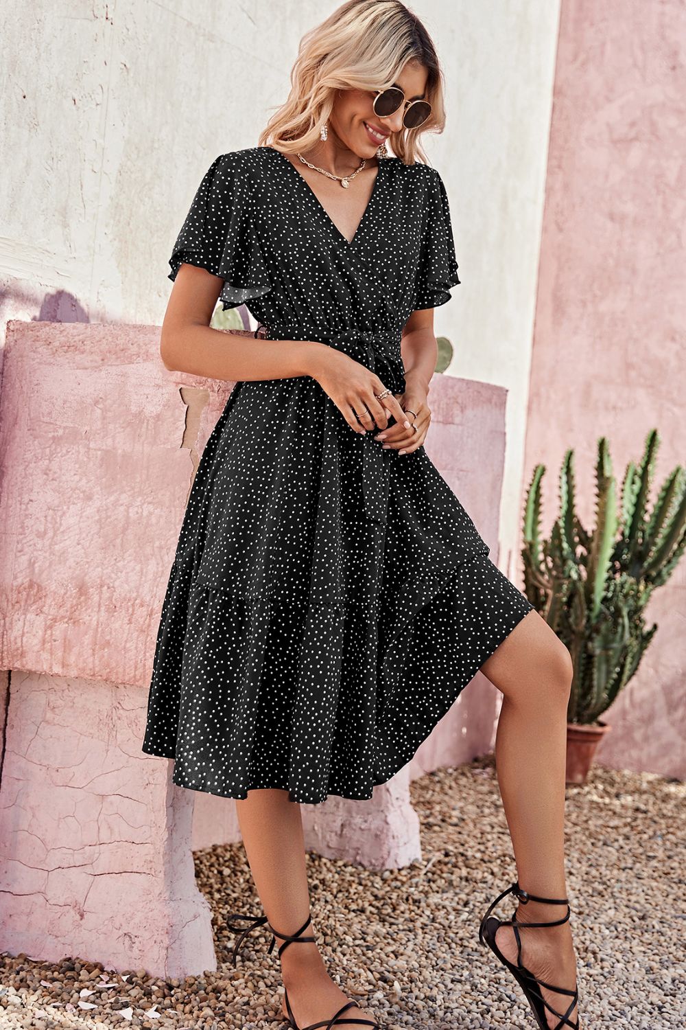 Polka Dot Flutter Sleeve Surplice Neck Dress